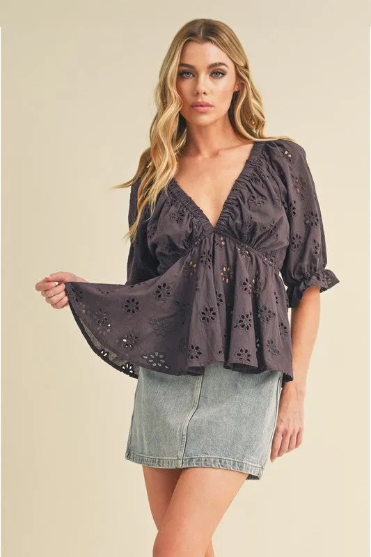 Plum Purple Eyelet Peplum Blouse - Half Sleeve V-Neck