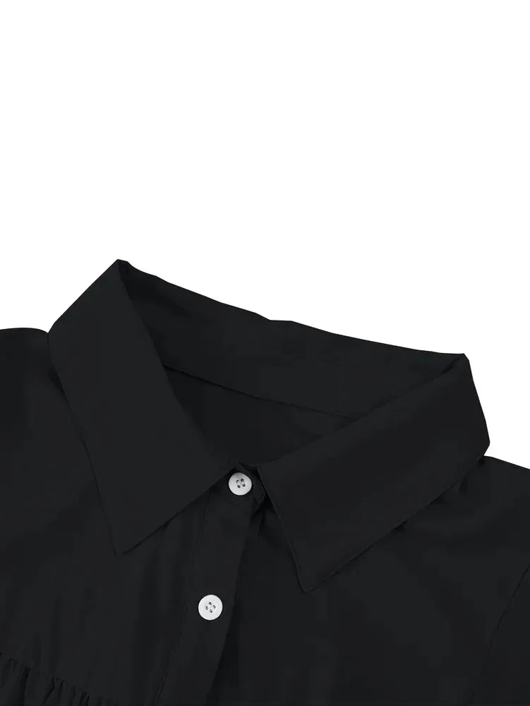 Plus Size Front Open Button Lantern Sleeve Casual