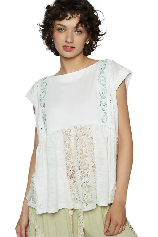 POL Embroidered Detail Boat Neck Cap Sleeve Lace Blouse