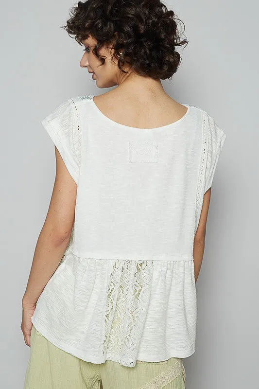 POL Embroidered Detail Boat Neck Cap Sleeve Lace Blouse