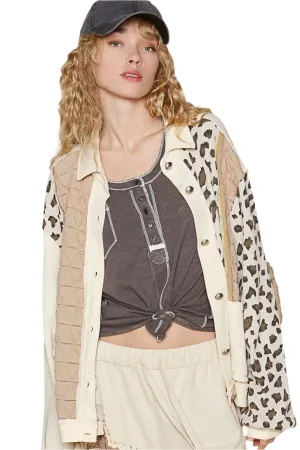 POL Leopard Exposed Seam Button Up Quilted Jacket