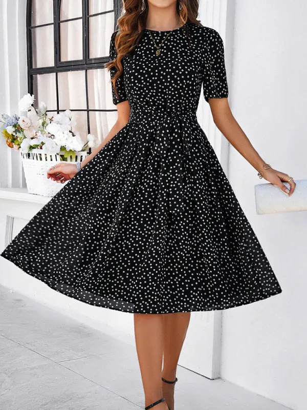 Polka Dot Midi Dress with Waist Tie and A-Line Silhouette