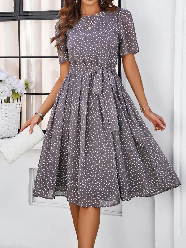 Polka Dot Midi Dress with Waist Tie and A-Line Silhouette