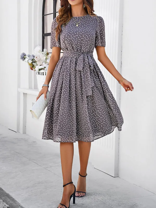 Polka Dot Midi Dress with Waist Tie and A-Line Silhouette