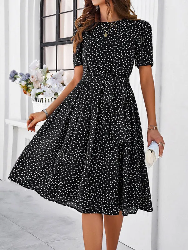 Polka Dot Midi Dress with Waist Tie and A-Line Silhouette
