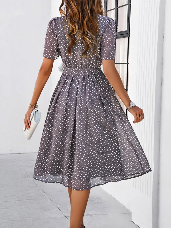 Polka Dot Midi Dress with Waist Tie and A-Line Silhouette