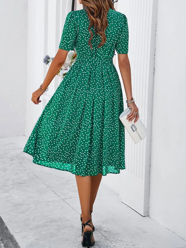 Polka Dot Midi Dress with Waist Tie and A-Line Silhouette
