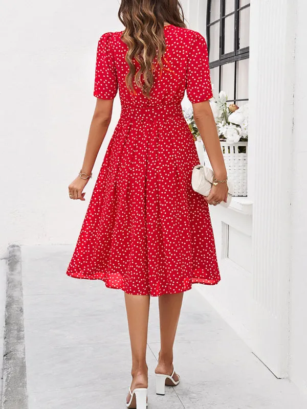 Polka Dot Midi Dress with Waist Tie and A-Line Silhouette
