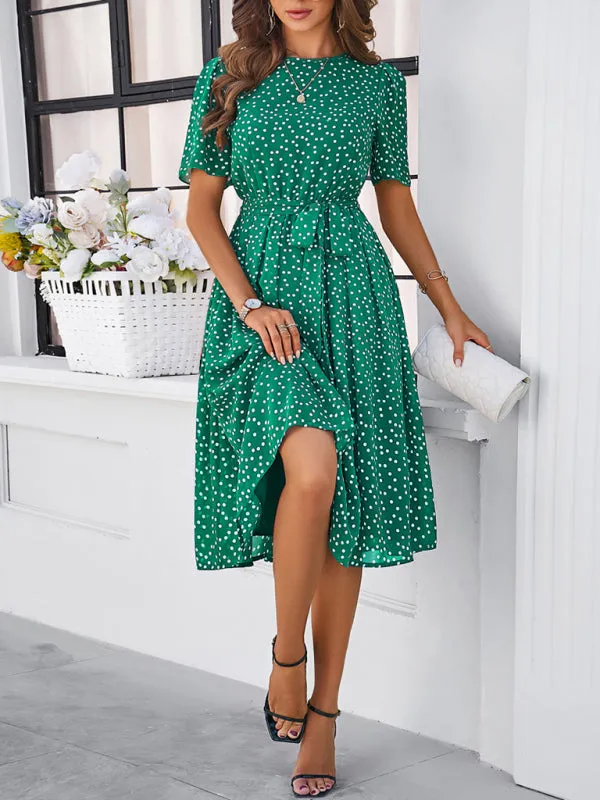 Polka Dot Midi Dress with Waist Tie and A-Line Silhouette