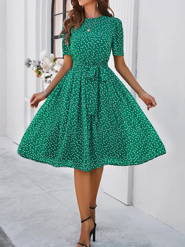 Polka Dot Midi Dress with Waist Tie and A-Line Silhouette