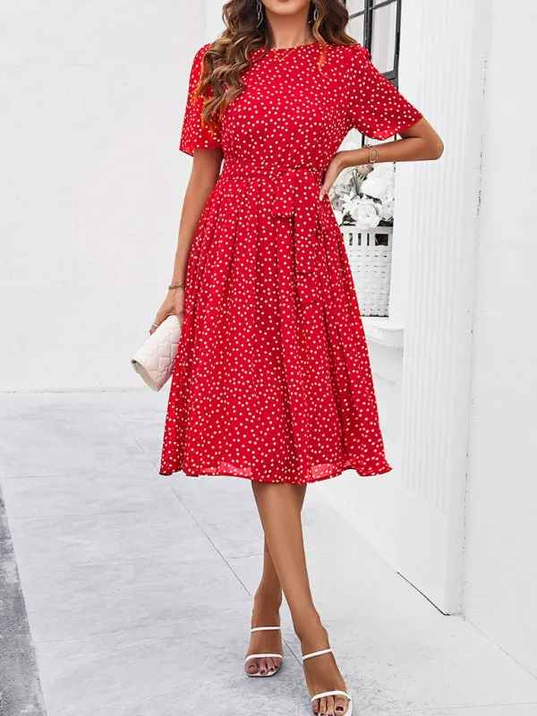Polka Dot Midi Dress with Waist Tie and A-Line Silhouette
