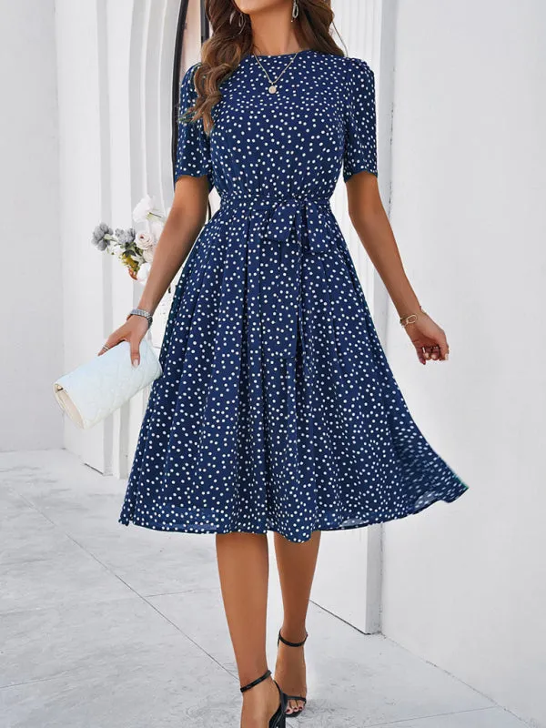 Polka Dot Midi Dress with Waist Tie and A-Line Silhouette
