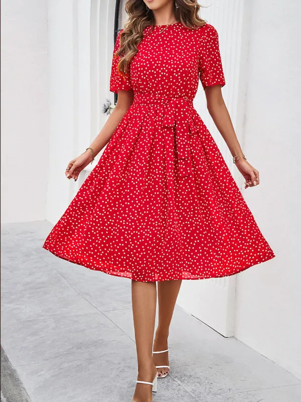 Polka Dot Midi Dress with Waist Tie and A-Line Silhouette