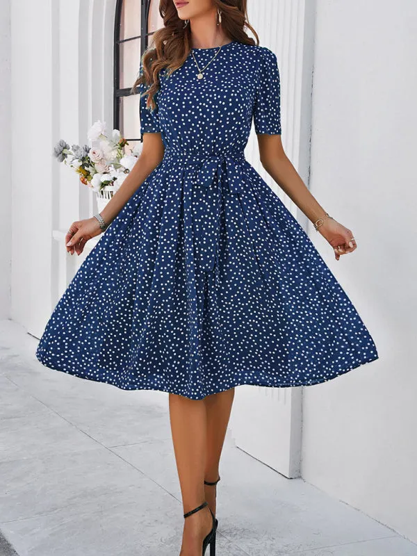 Polka Dot Midi Dress with Waist Tie and A-Line Silhouette