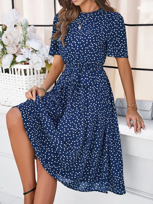 Polka Dot Midi Dress with Waist Tie and A-Line Silhouette