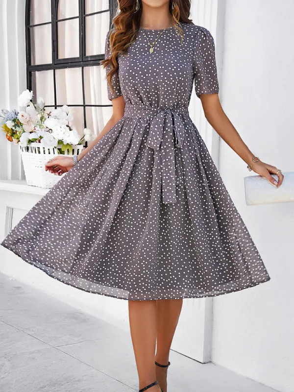 Polka Dot Midi Dress with Waist Tie and A-Line Silhouette