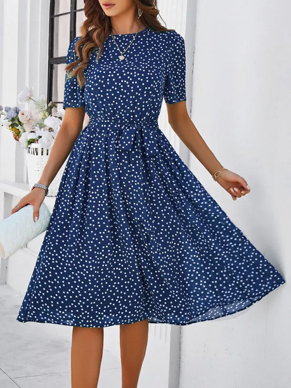 Polka Dot Midi Dress with Waist Tie and A-Line Silhouette