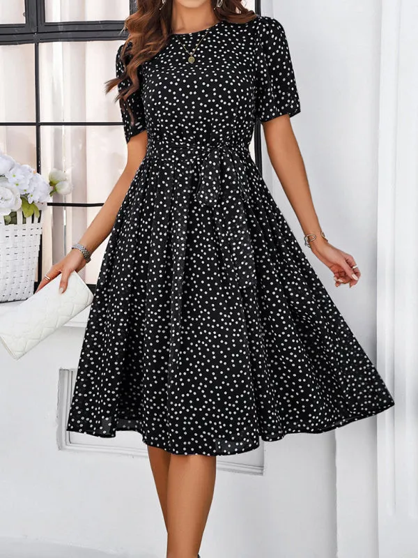Polka Dot Midi Dress with Waist Tie and A-Line Silhouette