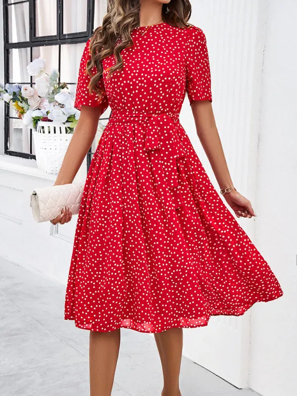 Polka Dot Midi Dress with Waist Tie and A-Line Silhouette