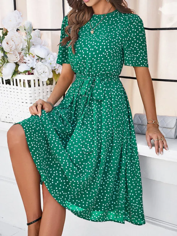 Polka Dot Midi Dress with Waist Tie and A-Line Silhouette