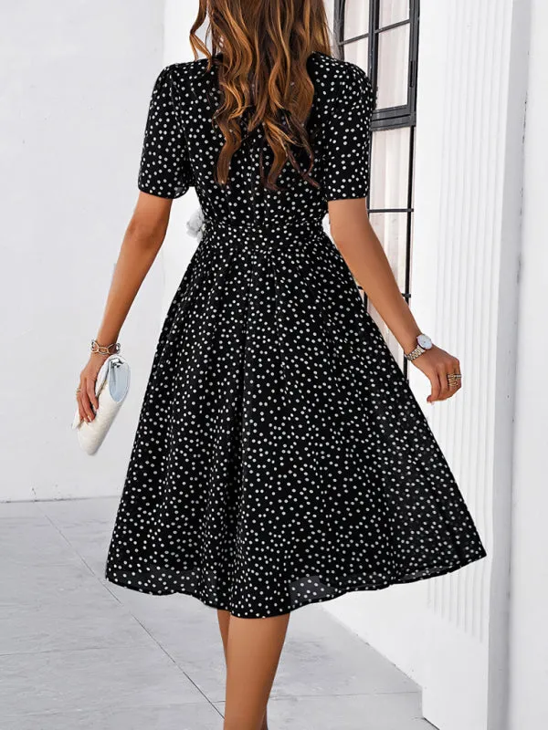 Polka Dot Midi Dress with Waist Tie and A-Line Silhouette