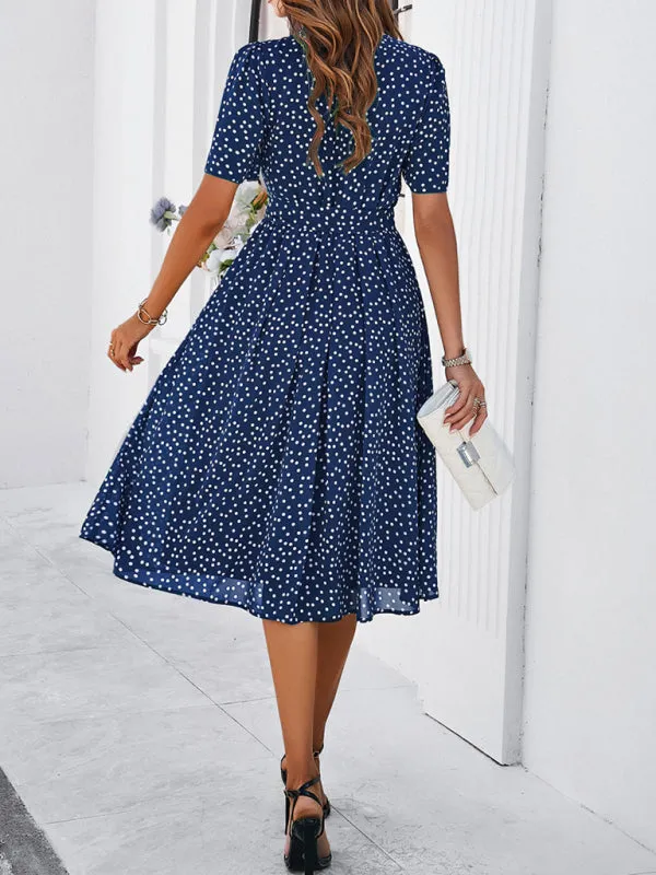 Polka Dot Midi Dress with Waist Tie and A-Line Silhouette