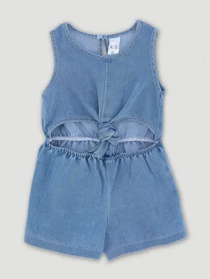 Pre-Girls Knot Keyhole Denim Jumpsuit - Mid Blue