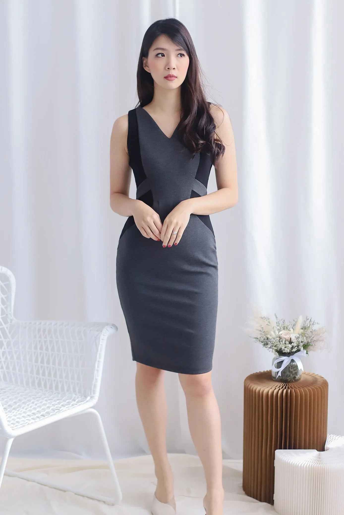 *Premium* TDC Vittoria Contrast Panel Work Dress In Grey
