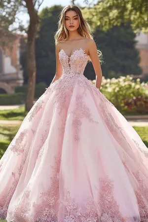 Princesa Blush Ball Gown Strapless Tulle Quinceanera Vestido com Apliques