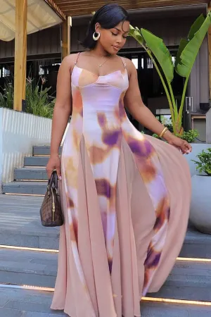 Print Patchwork Godet Slit Vacation Cami Maxi Dresses-Orange [Pre Order]