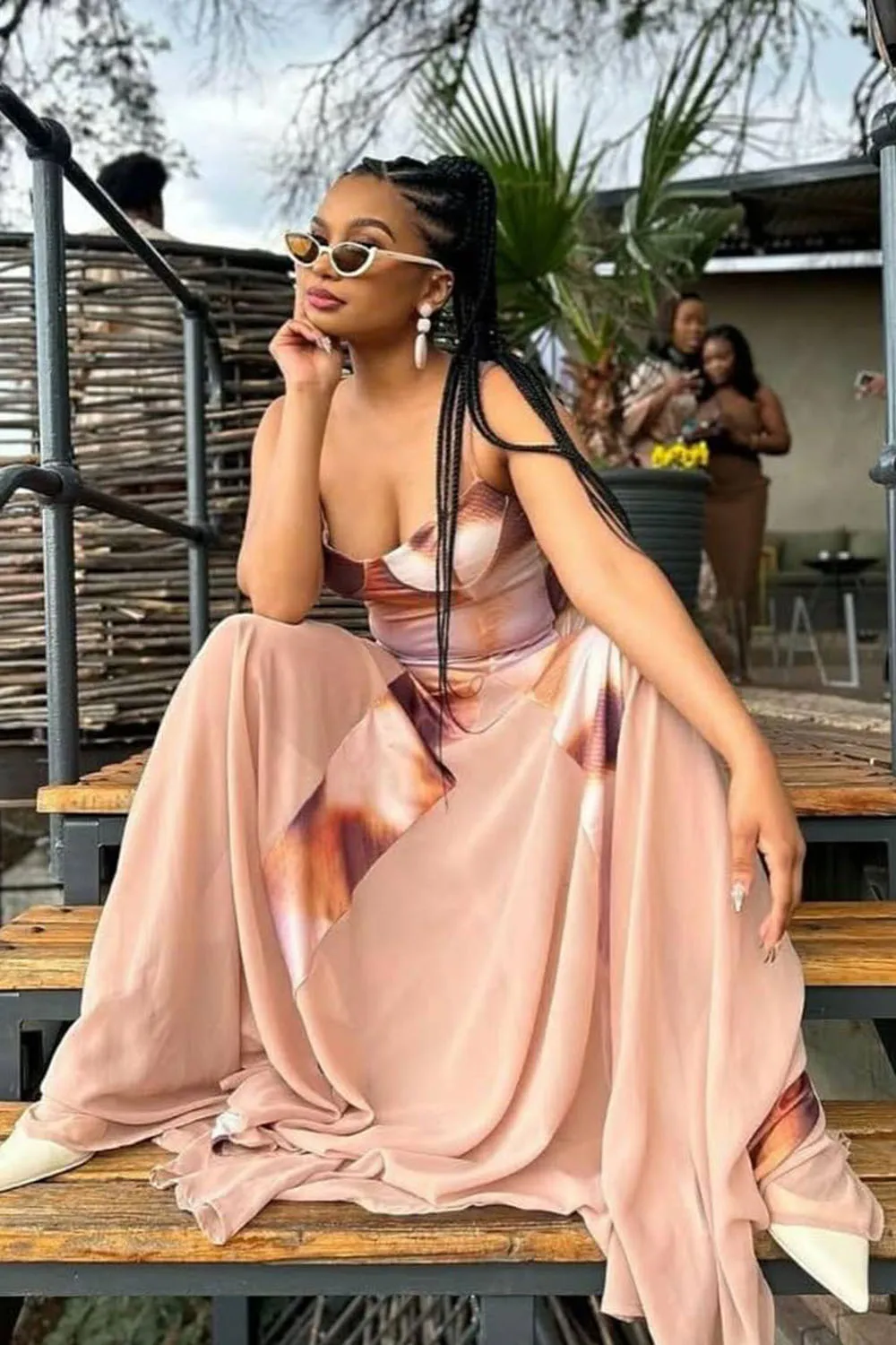Print Patchwork Godet Slit Vacation Cami Maxi Dresses-Orange [Pre Order]