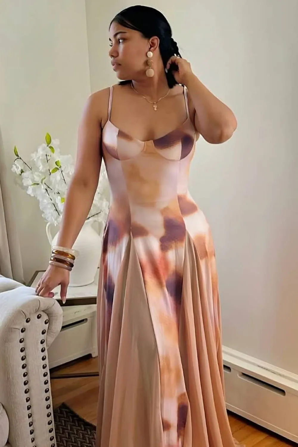 Print Patchwork Godet Slit Vacation Cami Maxi Dresses-Orange [Pre Order]
