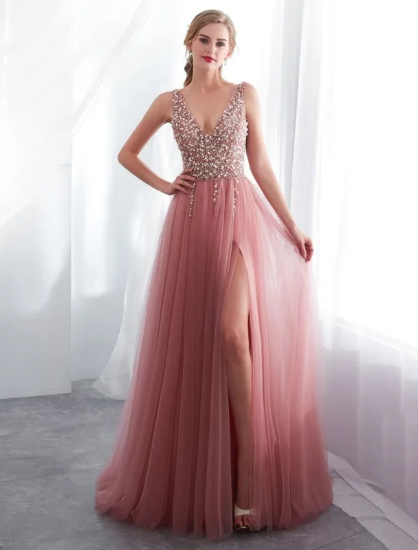 Prom Dresses Cameo Pinkv Neck Beading A Line Formal Evening Dress With Train