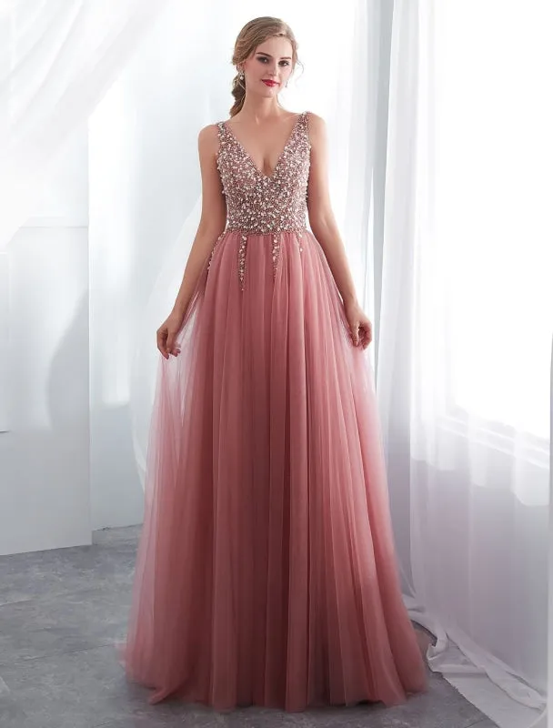Prom Dresses Cameo Pinkv Neck Beading A Line Formal Evening Dress With Train