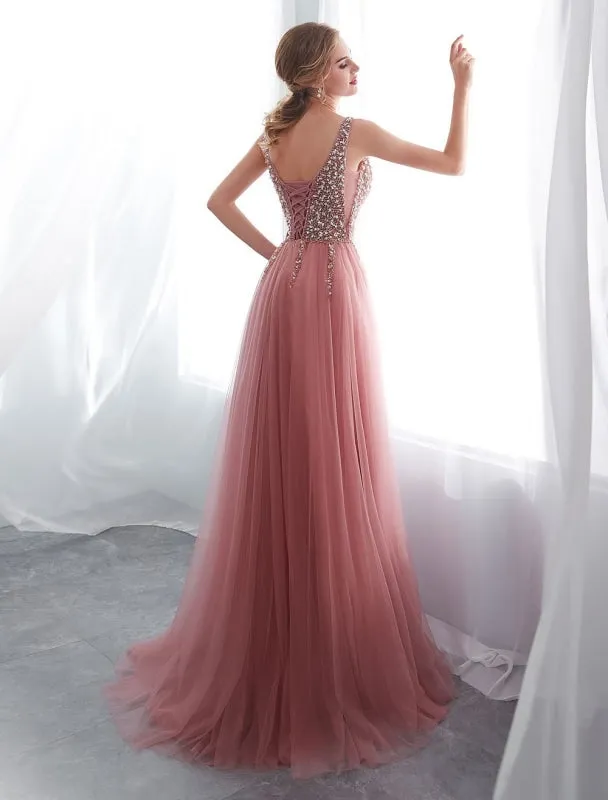 Prom Dresses Cameo Pinkv Neck Beading A Line Formal Evening Dress With Train