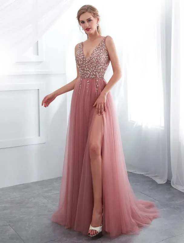 Prom Dresses Cameo Pinkv Neck Beading A Line Formal Evening Dress With Train