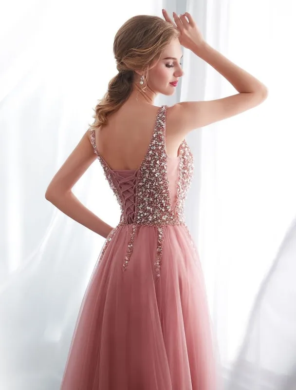 Prom Dresses Cameo Pinkv Neck Beading A Line Formal Evening Dress With Train