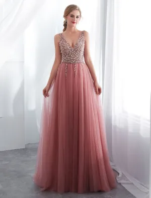 Prom Dresses Cameo Pinkv Neck Beading A Line Formal Evening Dress With Train