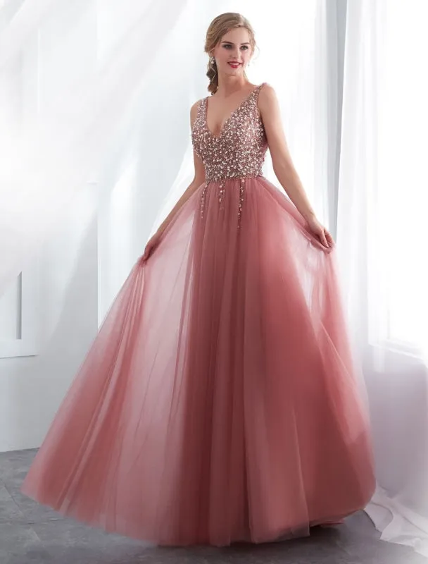 Prom Dresses Cameo Pinkv Neck Beading A Line Formal Evening Dress With Train