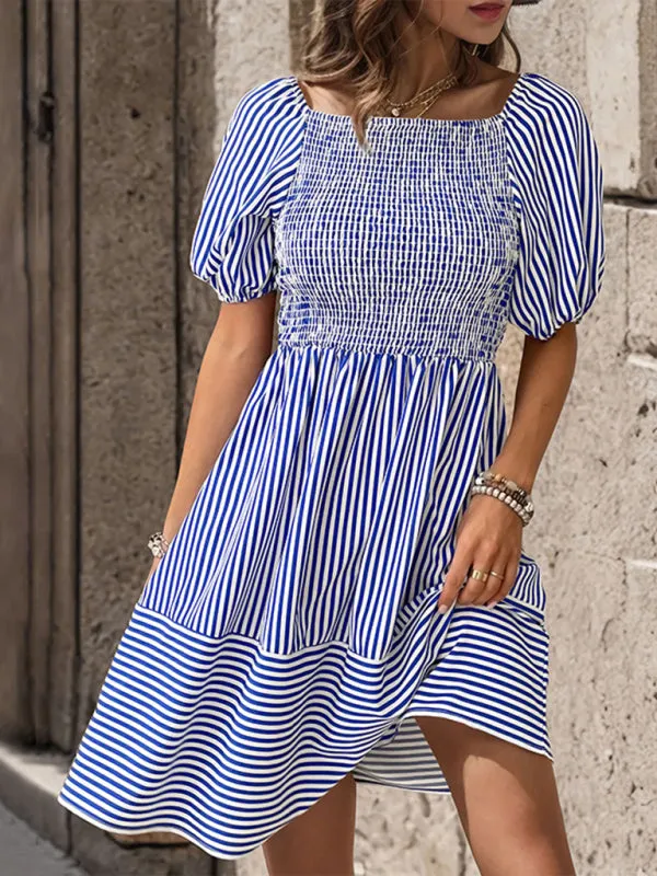 Puff Sleeve Striped Dress with Smocked Bodice and Backless Design