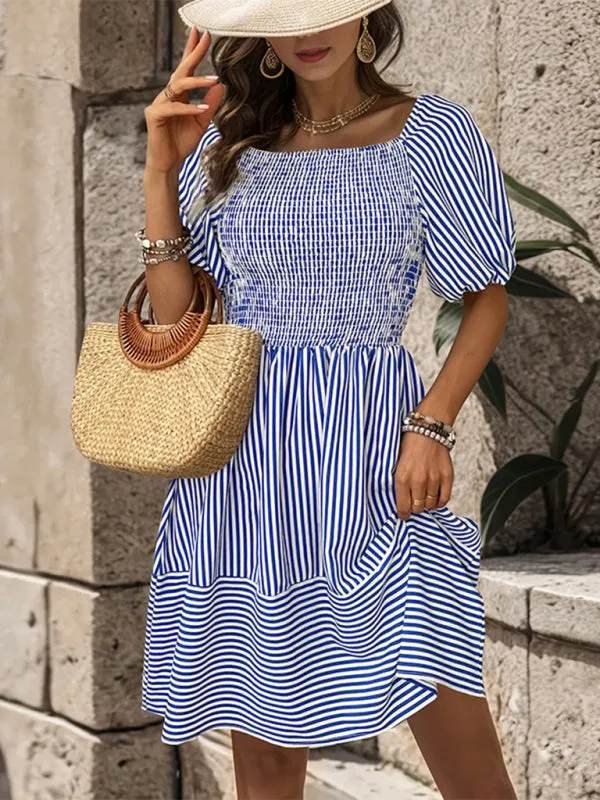Puff Sleeve Striped Dress with Smocked Bodice and Backless Design