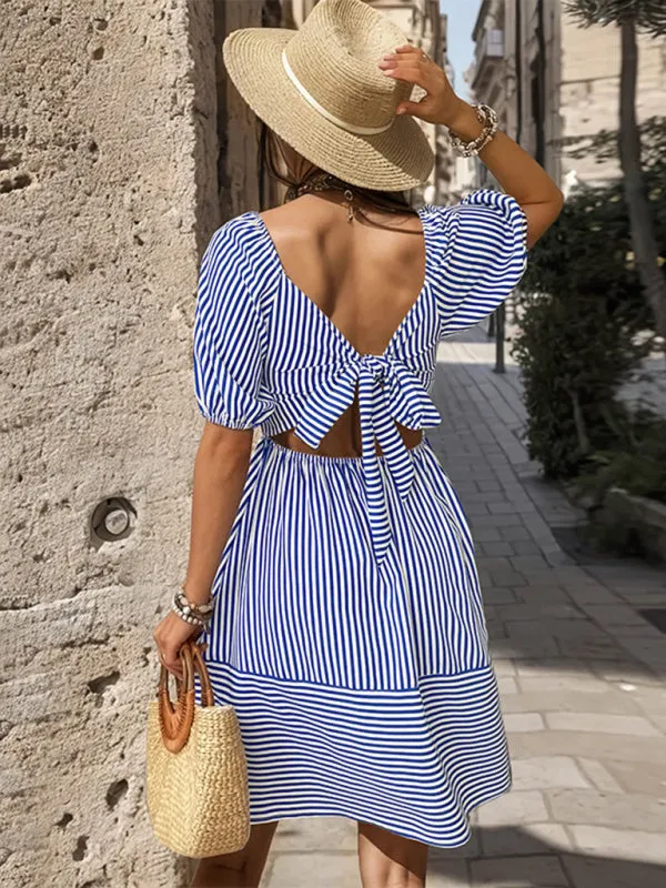 Puff Sleeve Striped Dress with Smocked Bodice and Backless Design