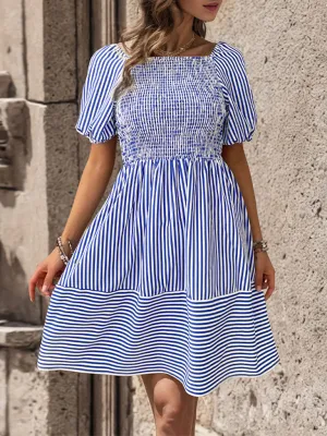 Puff Sleeve Striped Dress with Smocked Bodice and Backless Design