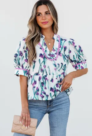 Purple Floral Ricrac Trim Half Sleeve Peplum Top