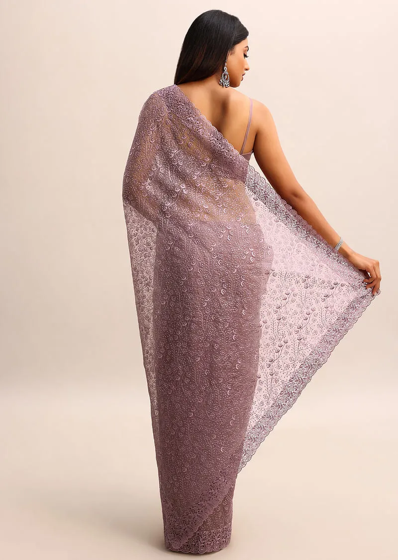 Purple Organza Saree With Floral Resham Thread Work