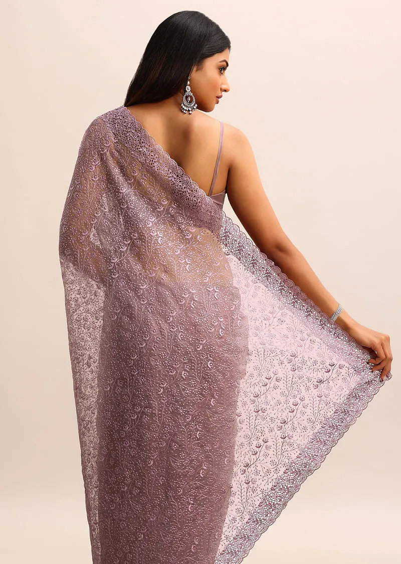 Purple Organza Saree With Floral Resham Thread Work
