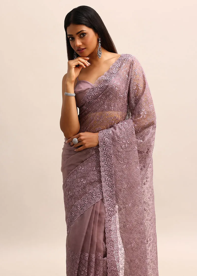Purple Organza Saree With Floral Resham Thread Work