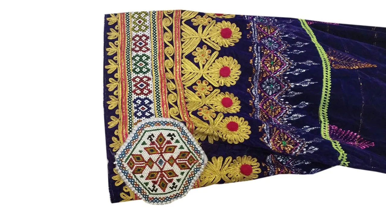 Pushtoon Kuchi Ethnic Dress In Blue Color Yakhan Dozi Embroidery Work