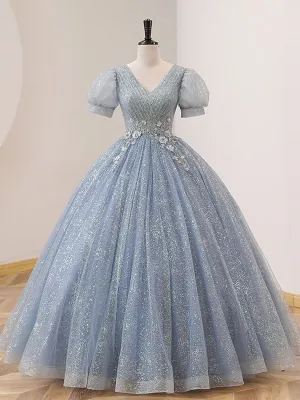 Quinceanera Dresses V Neck Tulle Sequin Long Prom Dresses Formal Sweet Dresses
