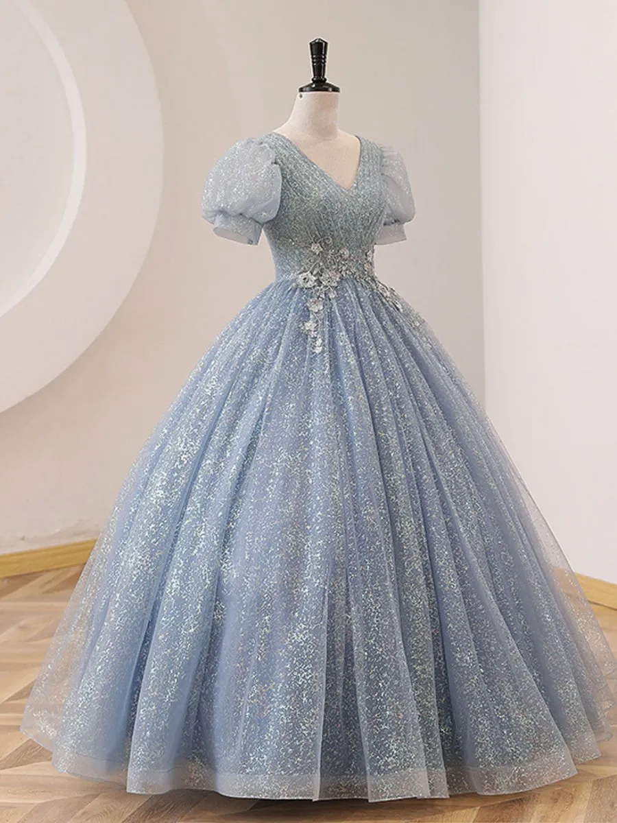 Quinceanera Dresses V Neck Tulle Sequin Long Prom Dresses Formal Sweet Dresses